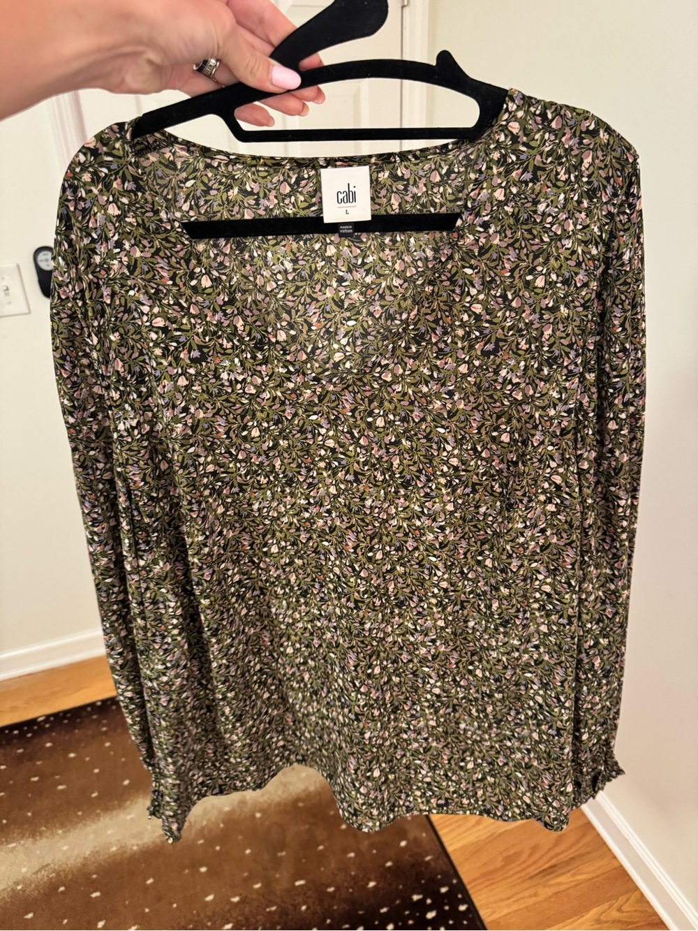 CAbi Olive Green Pink Floral Long-Sleeve Blouse